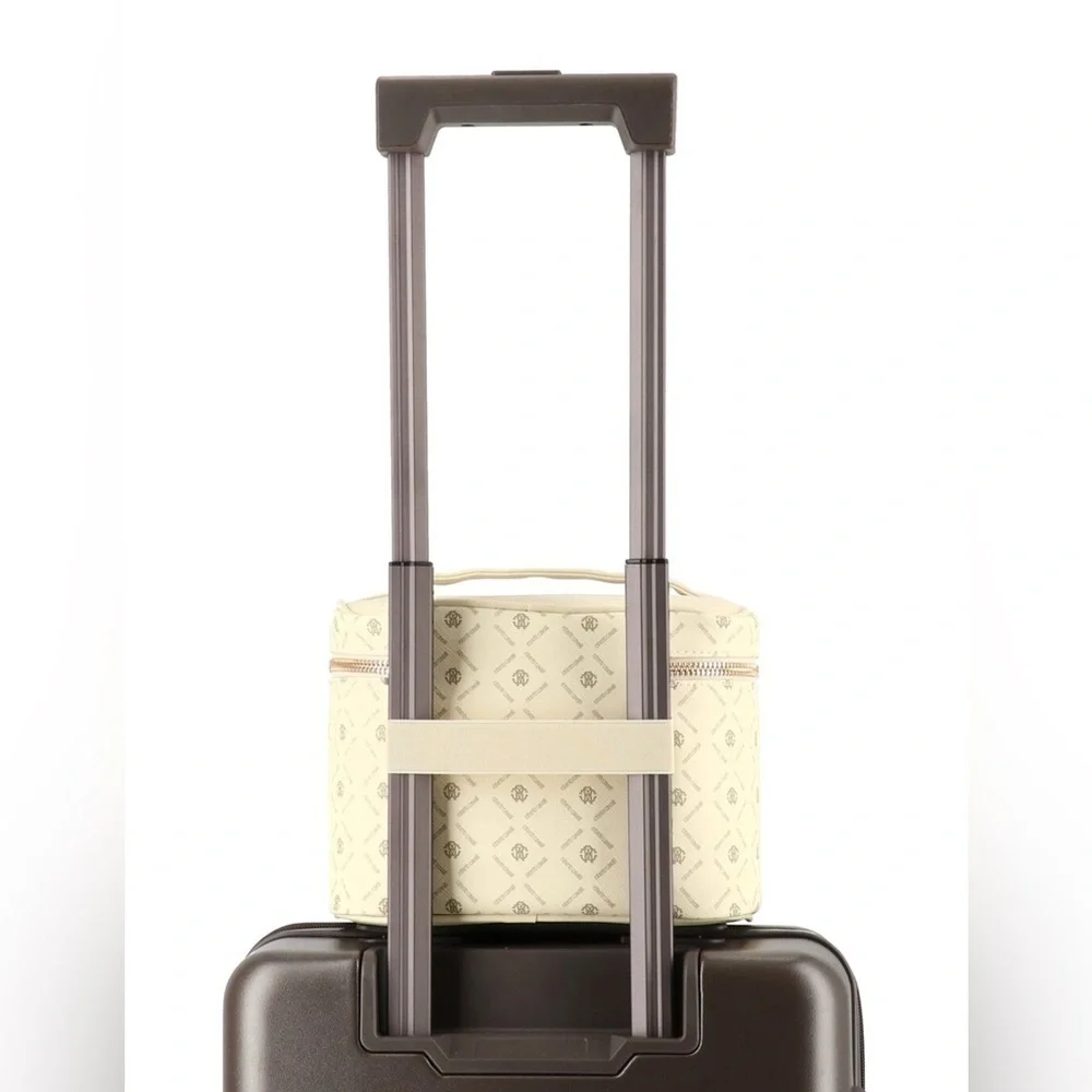 NEW Roberto Cavalli Monogram Cream Cosmetic Toiletry Bag Train Case
